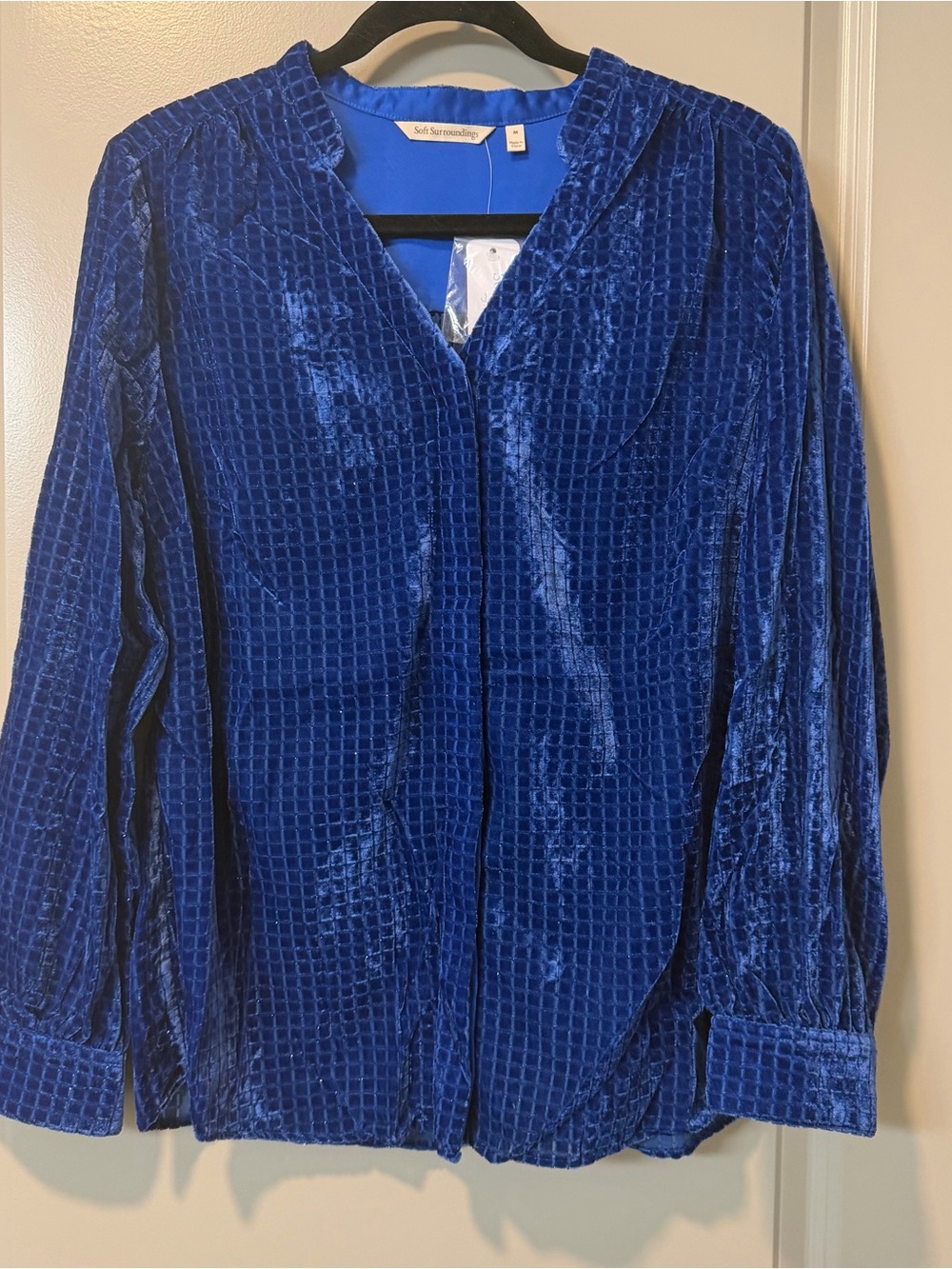 Soft Surroundings Zia Blue Sapphire Burnout Velvet Blouse Size M NWT Office Wear
